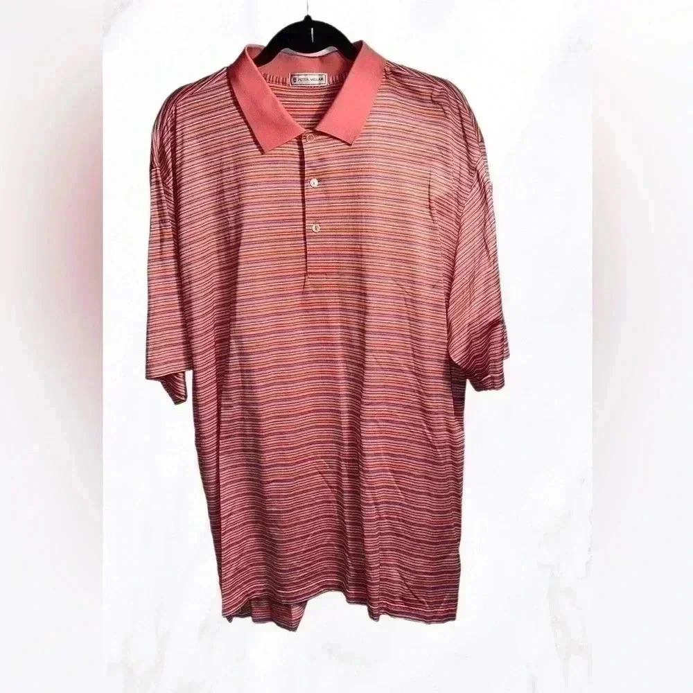 Peter Millar classic golf striped athletic short sleeve  3 button polo shirt XL